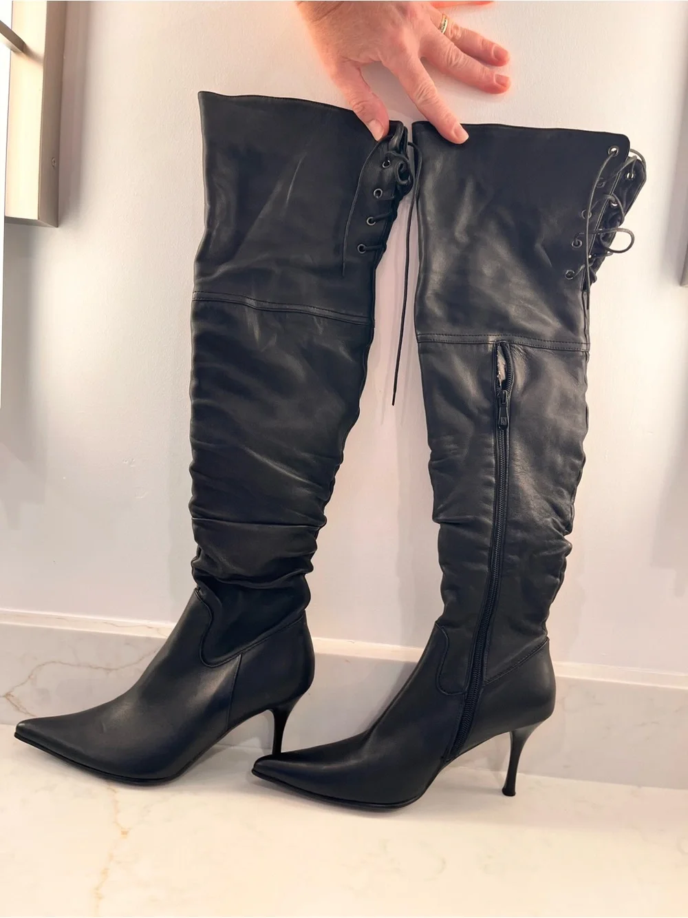 Vintage Italian Leather Over The Knee Convertible Cuff Boots Pointed Toe Stilett
